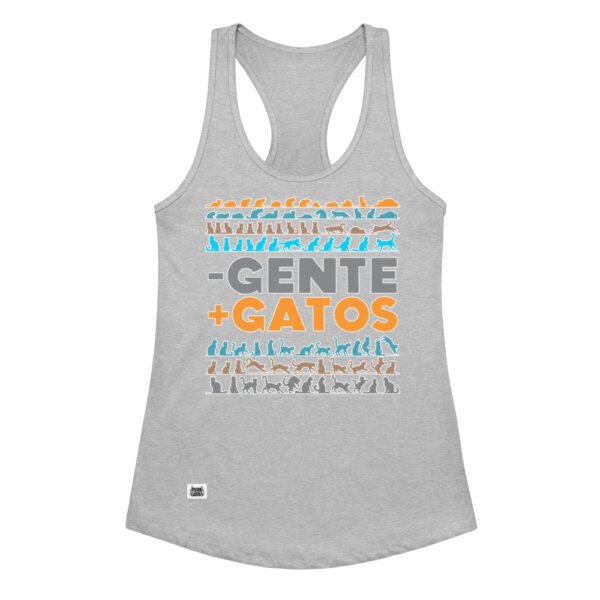 Camiseta de gatos para mujer MENOS GENTE, MÁS GATOS en color gris jaspeado, vista plana