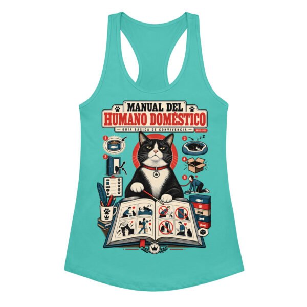 Camiseta de gatos para mujer GUÍA DE CONVIVENCIA en color azul tahití, vista plana