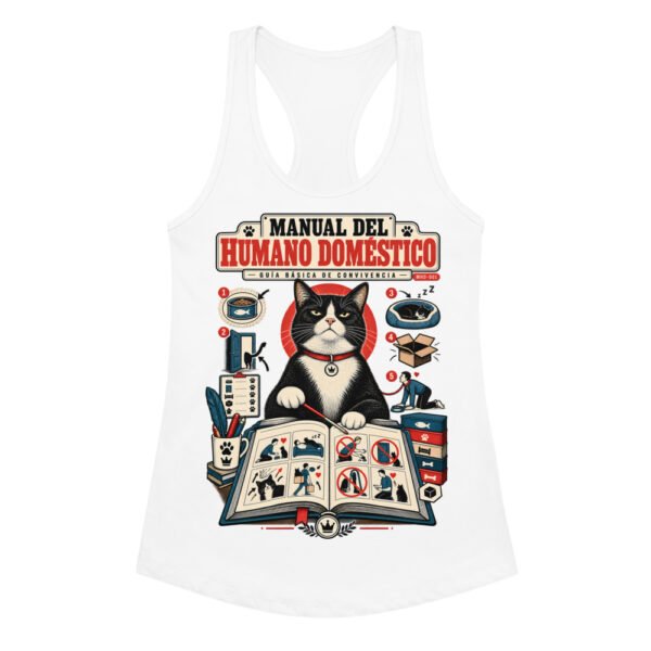 Camiseta de gatos para mujer GUÍA DE CONVIVENCIA en color blanco, vista plana