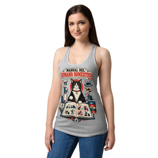 Camiseta de gatos para mujer GUÍA DE CONVIVENCIA en color gris jaspeado, sobre modelo