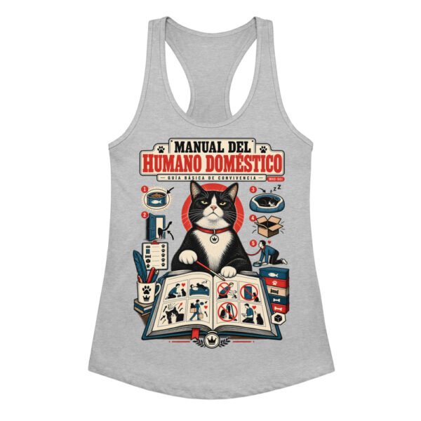 Camiseta de gatos para mujer GUÍA DE CONVIVENCIA en color gris jaspeado, vista plana