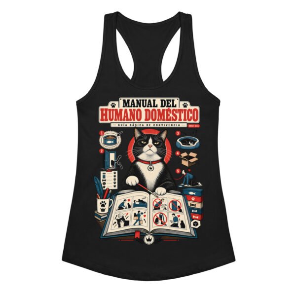 Camiseta de gatos para mujer GUÍA DE CONVIVENCIA en color negro, vista plana