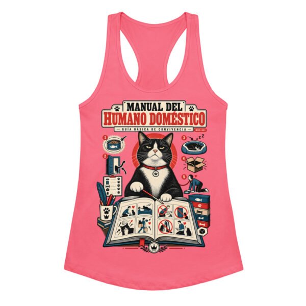 Camiseta de gatos para mujer GUÍA DE CONVIVENCIA en color rosa eléctrico, vista plana