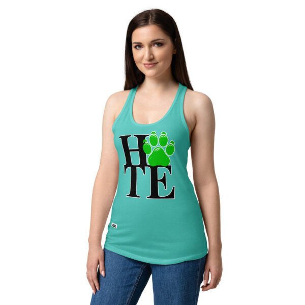 Camiseta de gatos para mujer HATE en color azul tahití, sobre modelo