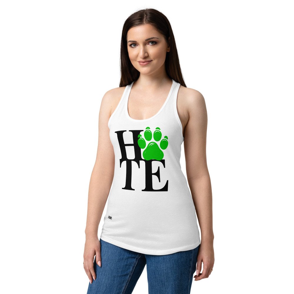 Camiseta de gatos para mujer HATE en color blanco, sobre modelo