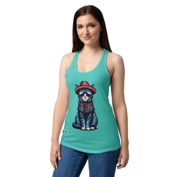 Camiseta de gatos para mujer GATO HIPSTER en color azul tahití, sobre modelo