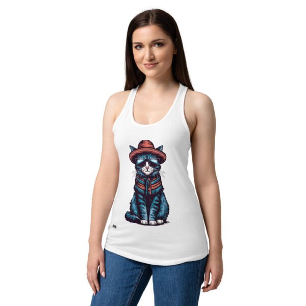 Camiseta de gatos para mujer GATO HIPSTER en color blanco, sobre modelo