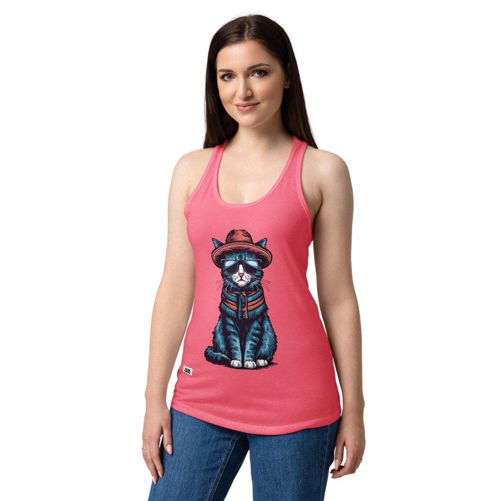Camiseta de gatos para mujer GATO HIPSTER en color rosa eléctrico, sobre modelo