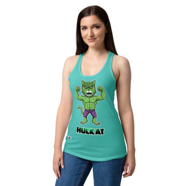 Camiseta de gatos para mujer HULKATO en color azul tahití, sobre modelo