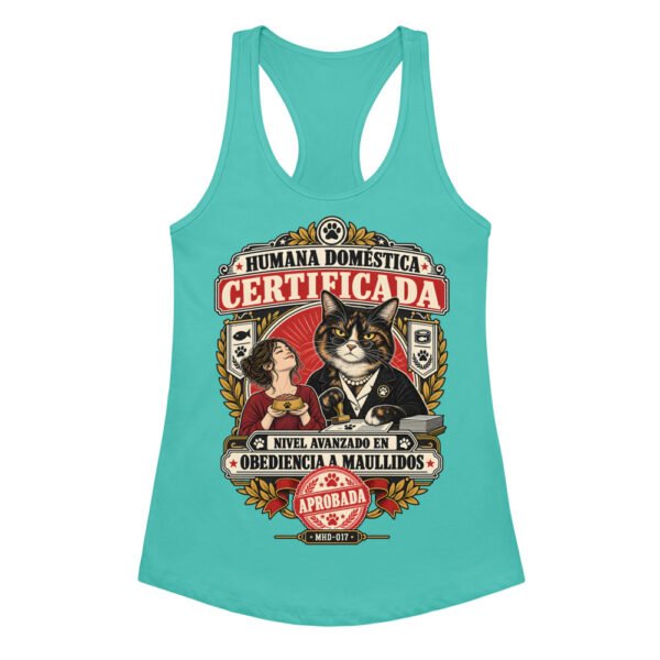 Camiseta de gatos para mujer HUMANA DOMÉSTICA CERTIFICADA en color azul tahití, vista plana