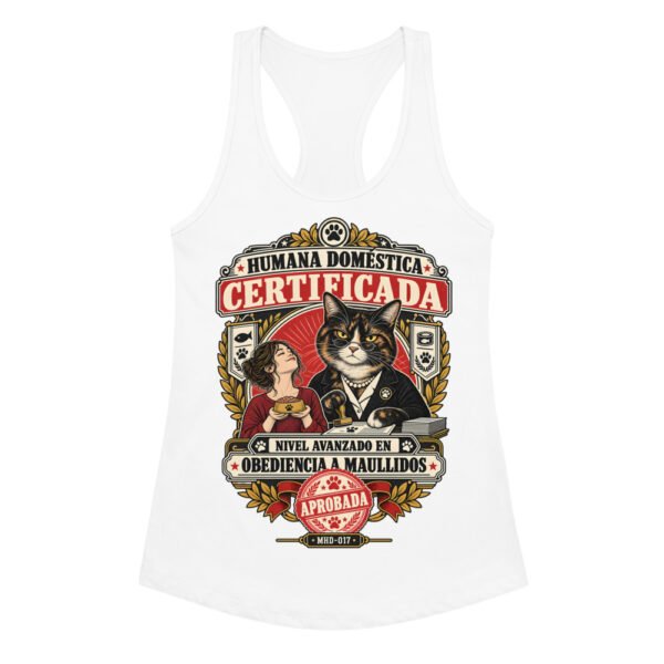 Camiseta de gatos para mujer HUMANA DOMÉSTICA CERTIFICADA en color blanco, vista plana