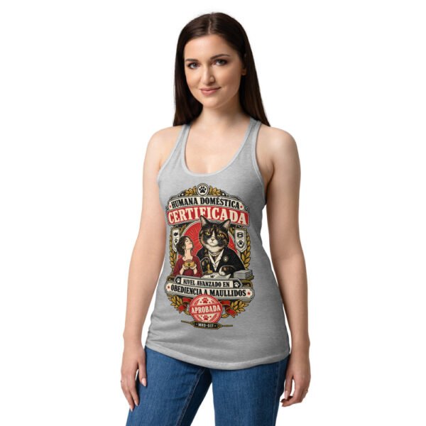 Camiseta de gatos para mujer HUMANA DOMÉSTICA CERTIFICADA en color gris jaspeado, sobre modelo
