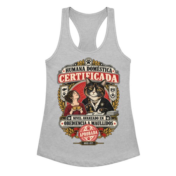 Camiseta de gatos para mujer HUMANA DOMÉSTICA CERTIFICADA en color gris jaspeado, vista plana