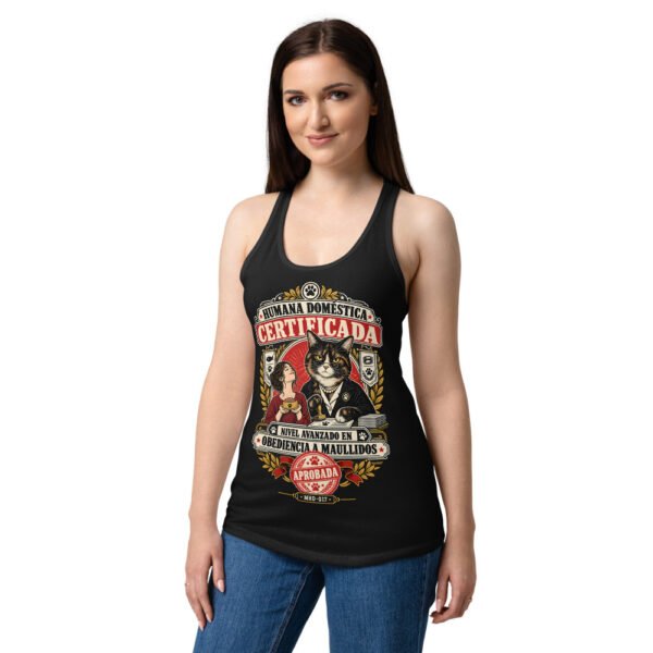 Camiseta de gatos para mujer HUMANA DOMÉSTICA CERTIFICADA en color negro, sobre modelo