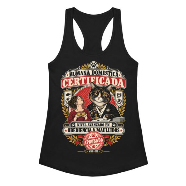 Camiseta de gatos para mujer HUMANA DOMÉSTICA CERTIFICADA en color negro, vista plana