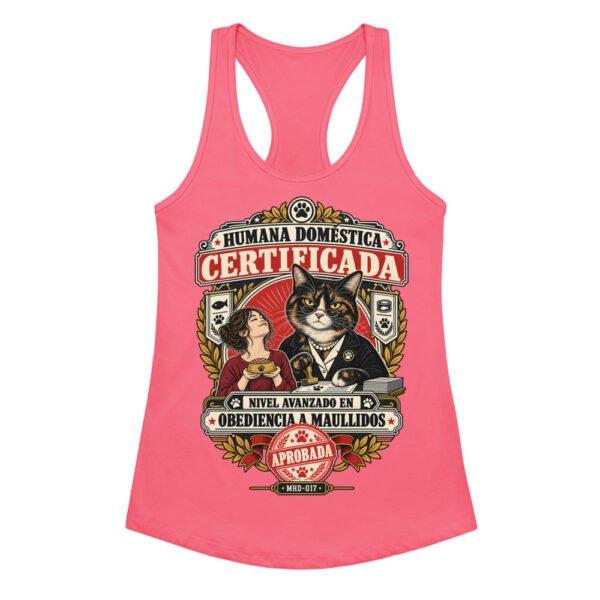 Camiseta de gatos para mujer HUMANA DOMÉSTICA CERTIFICADA en color rosa eléctrico, vista plana