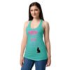 Camiseta de gatos para mujer HUMANA PROPIEDAD DE SU GATO en color azul tahití, sobre modelo