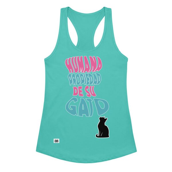Camiseta de gatos para mujer HUMANA PROPIEDAD DE SU GATO en color azul tahití, vista plana