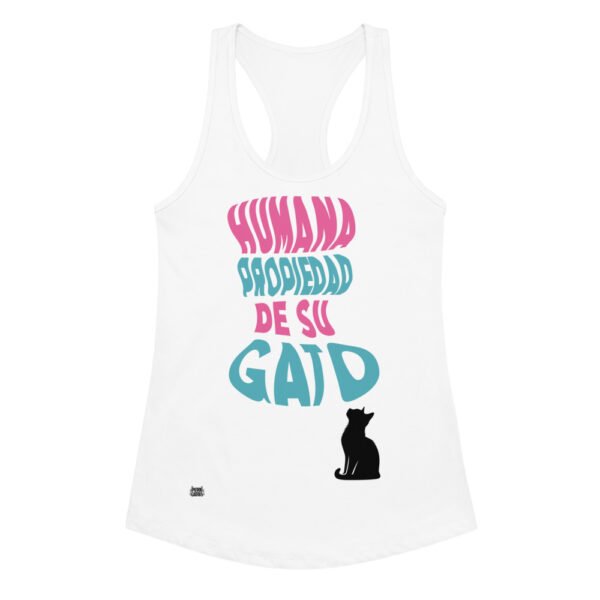 Camiseta de gatos para mujer HUMANA PROPIEDAD DE SU GATO en color blanco, vista plana