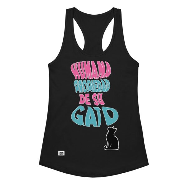 Camiseta de gatos para mujer HUMANA PROPIEDAD DE SU GATO en color negro, vista plana