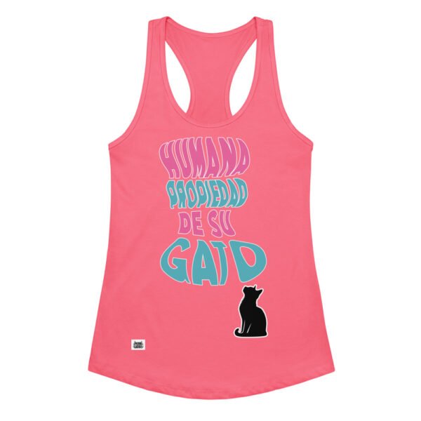 Camiseta de gatos para mujer HUMANA PROPIEDAD DE SU GATO en color rosa eléctrico, vista plana