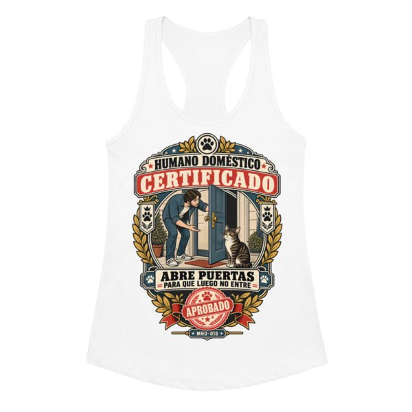 Camiseta de gatos para mujer HUMANO DOMÉSTICO CERTIFICADO en color blanco, vista plana