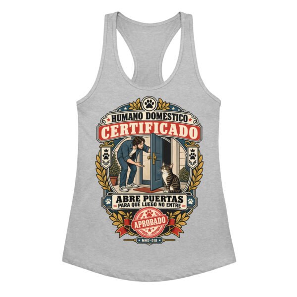 Camiseta de gatos para mujer HUMANO DOMÉSTICO CERTIFICADO en color gris jaspeado, vista plana