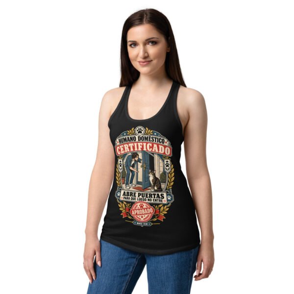 Camiseta de gatos para mujer HUMANO DOMÉSTICO CERTIFICADO en color negro, sobre modelo