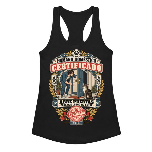 Camiseta de gatos para mujer HUMANO DOMÉSTICO CERTIFICADO en color negro, vista plana