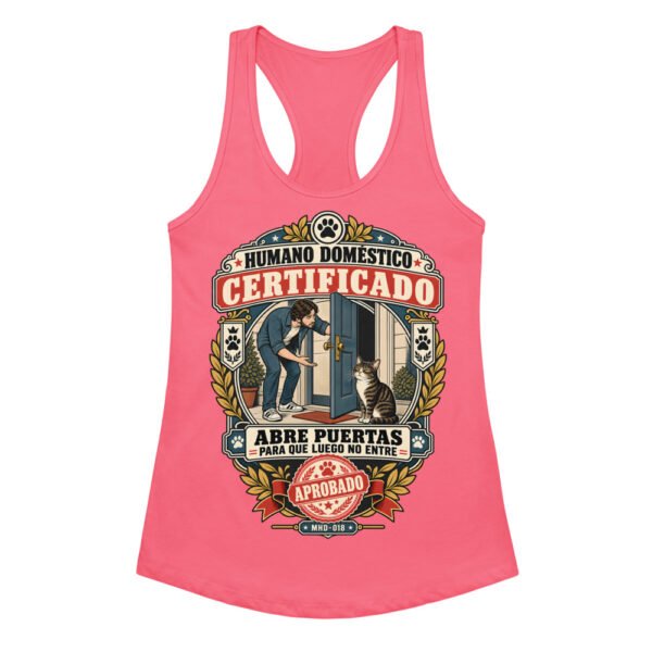 Camiseta de gatos para mujer HUMANO DOMÉSTICO CERTIFICADO en color rosa eléctrico, vista plana