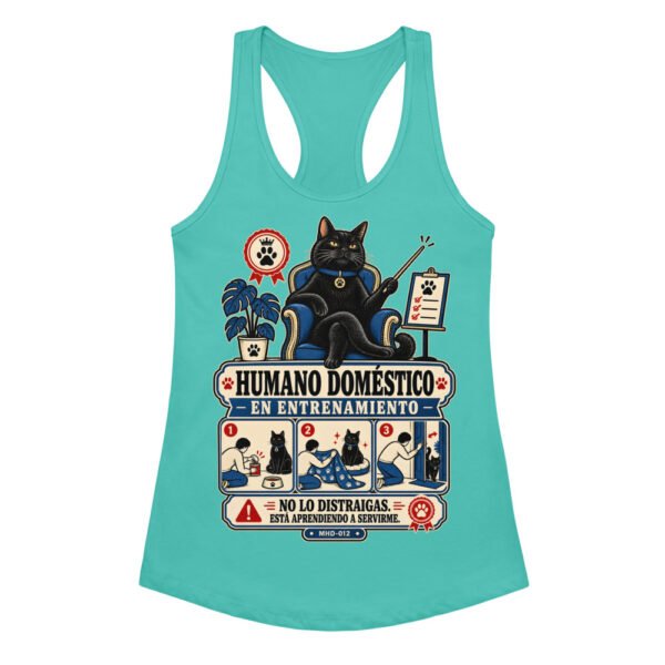 Camiseta de gatos para mujer HUMANO EN ENTRENAMIENTO en color azul tahití, vista plana