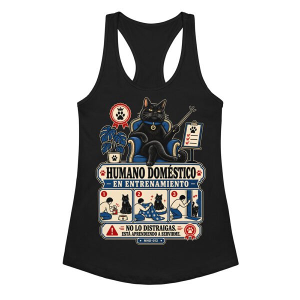 Camiseta de gatos para mujer HUMANO EN ENTRENAMIENTO en color negro, vista plana
