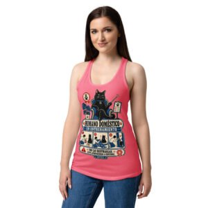 Camiseta de gatos para mujer HUMANO EN ENTRENAMIENTO en color rosa eléctrico, sobre modelo