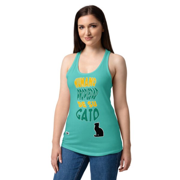 Camiseta de gatos para mujer HUMANO PROPIEDAD DE SU GATO en color azul tahití, sobre modelo