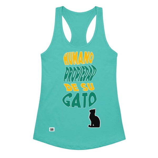 Camiseta de gatos para mujer HUMANO PROPIEDAD DE SU GATO en color azul tahití, vista plana
