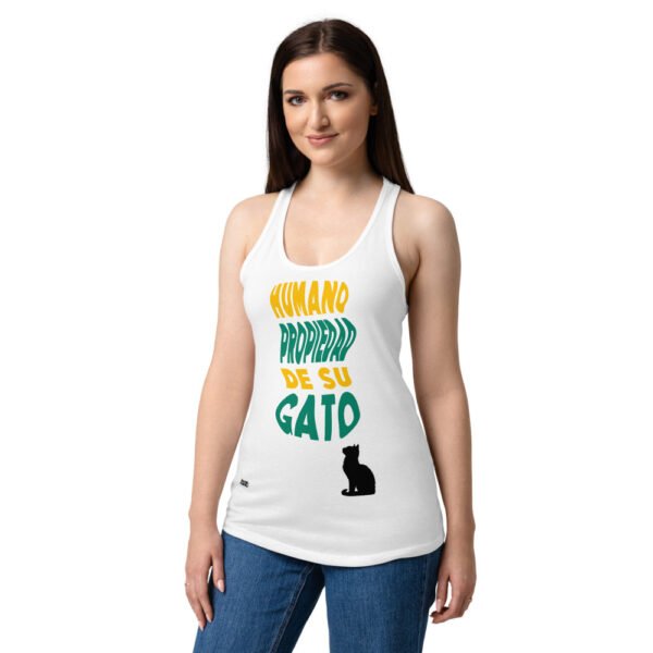 Camiseta de gatos para mujer HUMANO PROPIEDAD DE SU GATO en color blanco, sobre modelo