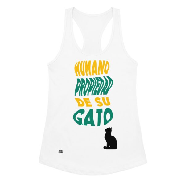 Camiseta de gatos para mujer HUMANO PROPIEDAD DE SU GATO en color blanco, vista plana