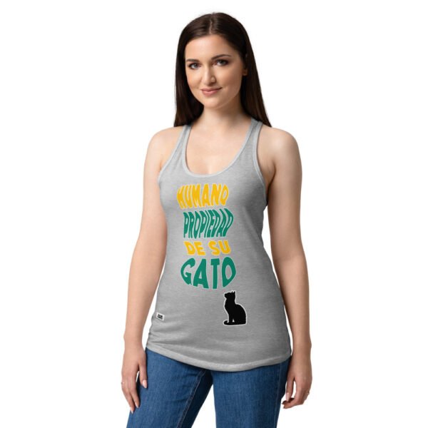 Camiseta de gatos para mujer HUMANO PROPIEDAD DE SU GATO en color gris jaspeado, sobre modelo
