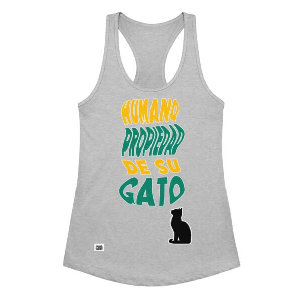 Camiseta de gatos para mujer HUMANO PROPIEDAD DE SU GATO en color gris jaspeado, vista plana