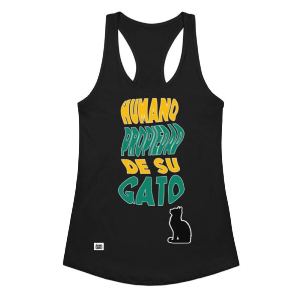 Camiseta de gatos para mujer HUMANO PROPIEDAD DE SU GATO en color negro, vista plana