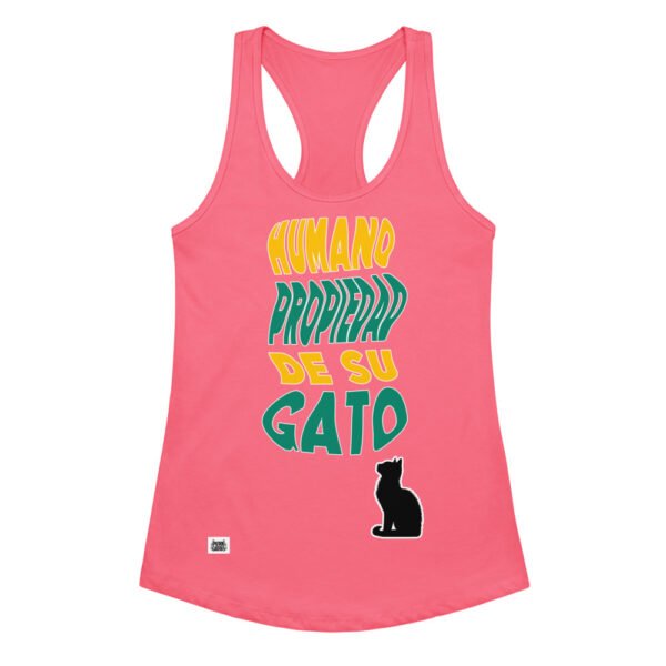 Camiseta de gatos para mujer HUMANO PROPIEDAD DE SU GATO en color rosa eléctrico, vista plana