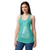 Camiseta de gatos para mujer GATO EN 40 IDIOMAS · MODELO A en color azul tahití, sobre modelo