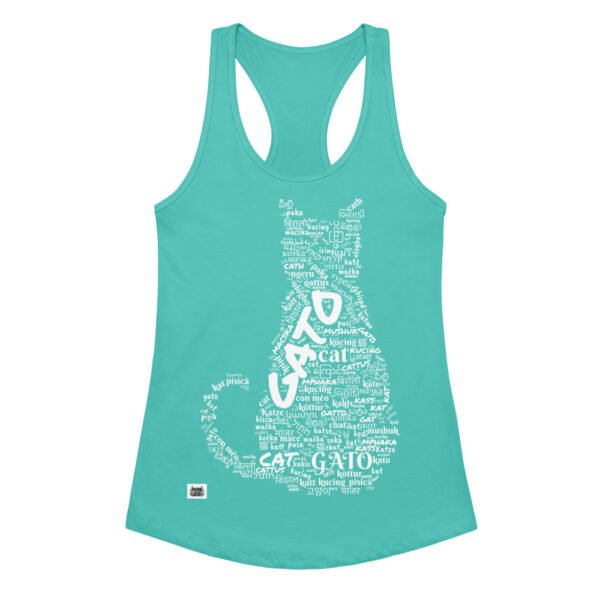 Camiseta de gatos para mujer GATO EN 40 IDIOMAS · MODELO A en color azul tahití, vista plana