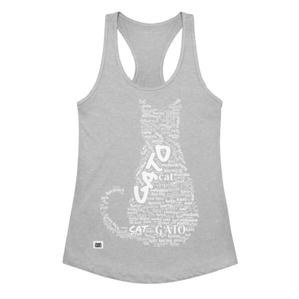 Camiseta de gatos para mujer GATO EN 40 IDIOMAS · MODELO A en color gris jaspeado, vista plana