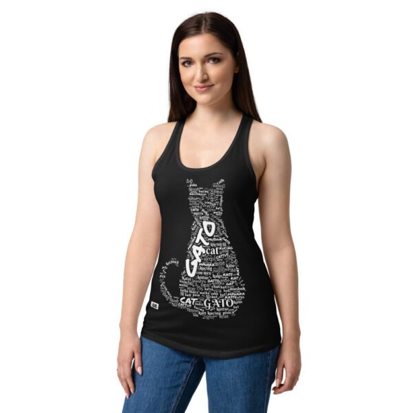 Camiseta de gatos para mujer GATO EN 40 IDIOMAS · MODELO A en color negro, sobre modelo