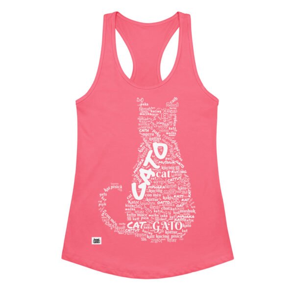 Camiseta de gatos para mujer GATO EN 40 IDIOMAS · MODELO A en color rosa eléctrico, vista plana