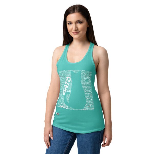 Camiseta de gatos para mujer GATO EN 40 IDIOMAS · MODELO B en color azul tahití, sobre modelo