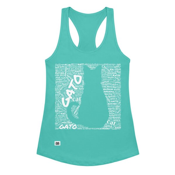 Camiseta de gatos para mujer GATO EN 40 IDIOMAS · MODELO B en color azul tahití, vista plana