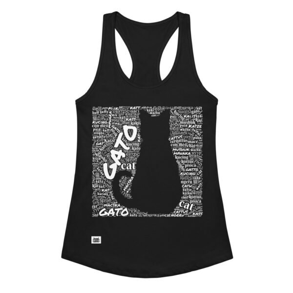 Camiseta de gatos para mujer GATO EN 40 IDIOMAS · MODELO B en color negro, vista plana