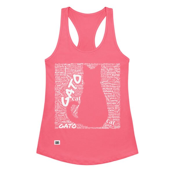 Camiseta de gatos para mujer GATO EN 40 IDIOMAS · MODELO B en color rosa eléctrico, vista plana